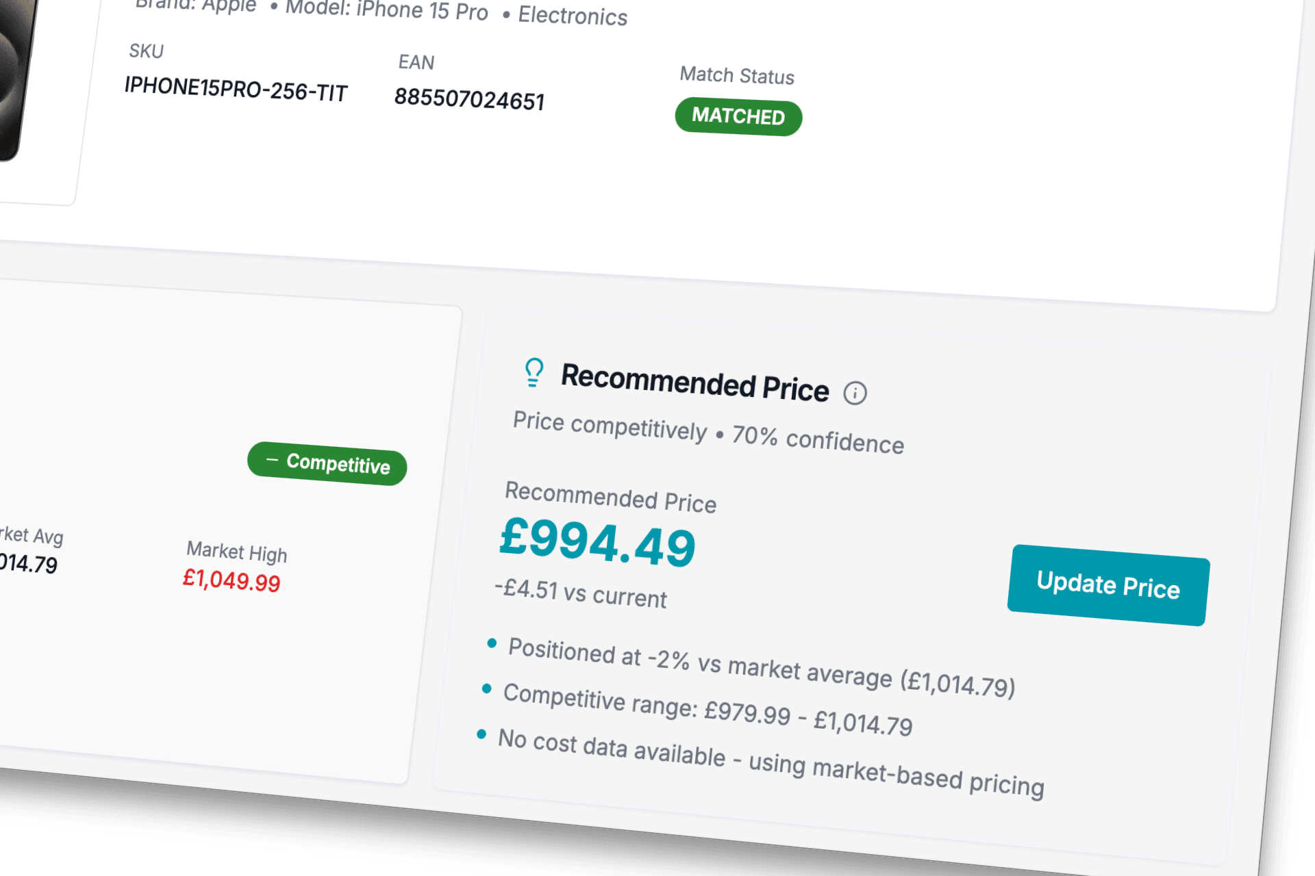 AI-powered pricing recommendations with confidence scores