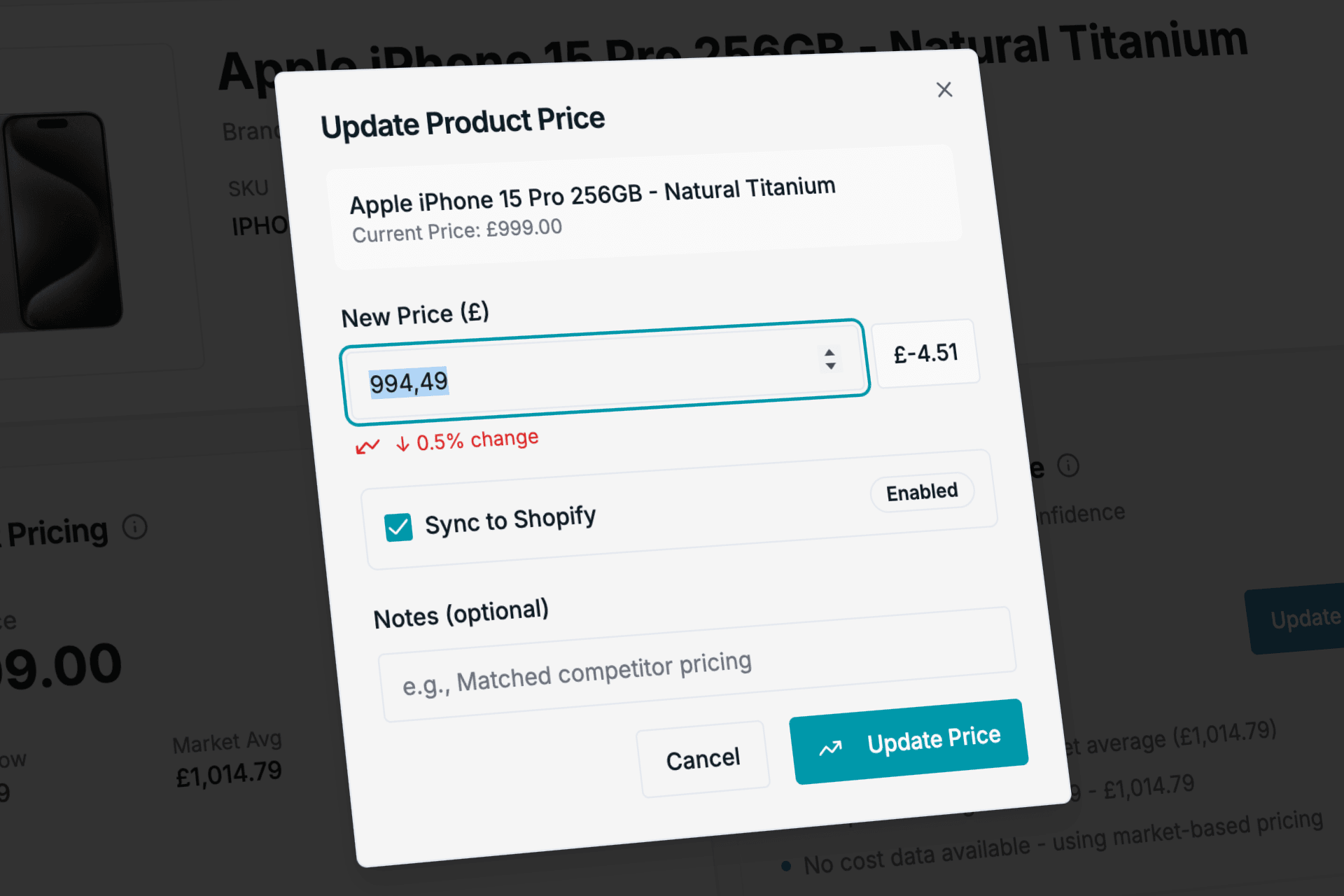 One-click price update with Shopify sync