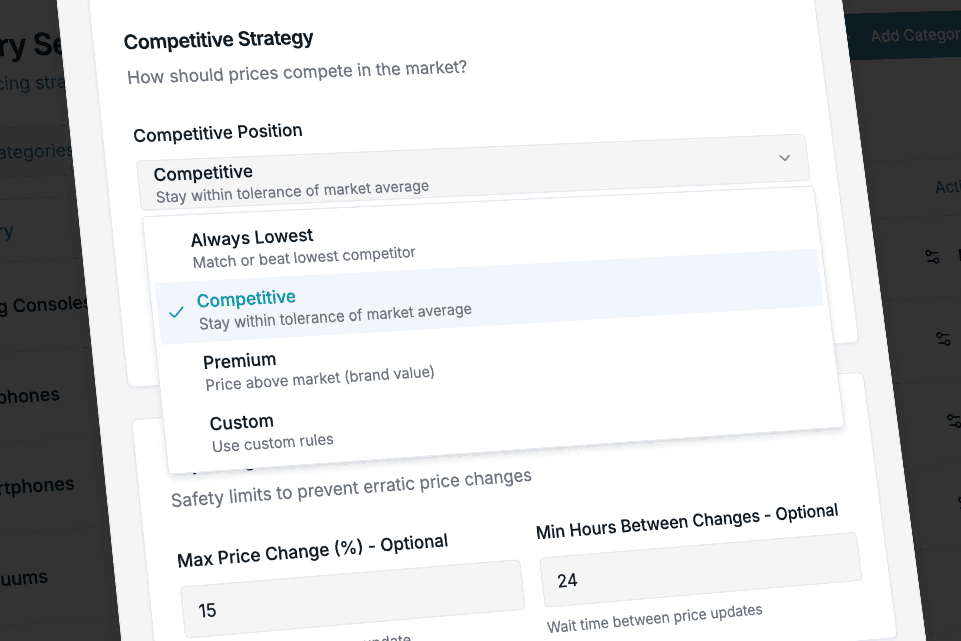 Competitive strategy selector with positioning options